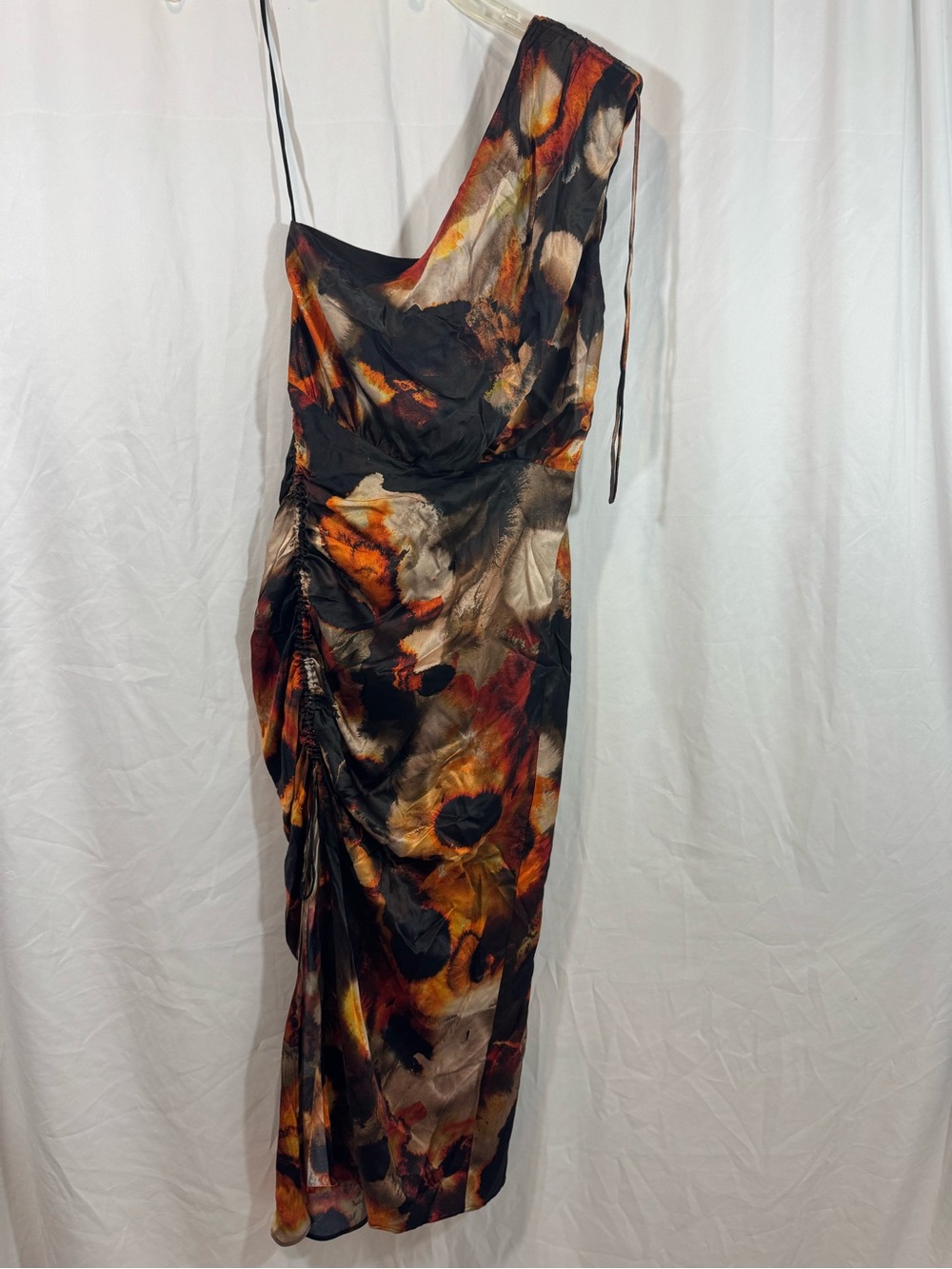 All Saints One-Shoulder Abstract Print Midi Dress in Black, Rust, Gold, Cream 4